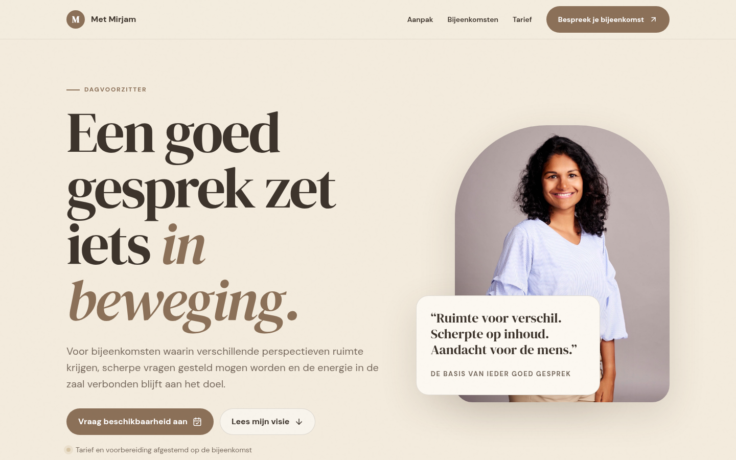 Live homepage van Met Mirjam, gebouwd door Mendri Studio